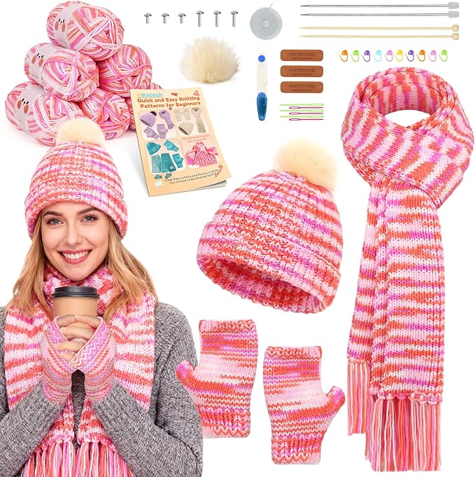 Katech Knitting Kit for Beginner- Beginners Knitting Kit for Adults Kids | Complete Hat, Scarf, Gloves Starter Knitting Kit with Step-by-Step Video Tutorials-Ideal Gift