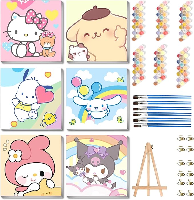 nekpiahu 6 Pack Cartoon Paint by Numbers for Kids with Framed Canvas-Cartoon Paint by Numbers for Kids Ages 4-8-12, Kid Paint by Number Crafts Kits for Home Wall Decor GIF 8X8incht(with Wooden Easel)