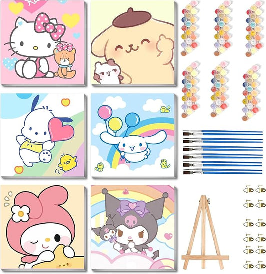 nekpiahu 6 Pack Cartoon Paint by Numbers for Kids with Framed Canvas-Cartoon Paint by Numbers for Kids Ages 4-8-12, Kid Paint by Number Crafts Kits for Home Wall Decor GIF 8X8incht(with Wooden Easel)