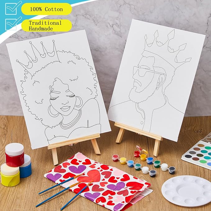 Yeaqee 13 Pcs Sip and Paint Kit for Adults Stretch Canvas Date Night Valentines Painting Kit Supplies Art Painting Set Outline Design Blank Stretch Canvas for Couple Party(Afro King Queen,11x14)