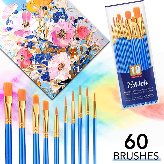 ESRICH 60PCS Paint Brushes, Paint Brush for Acrylic Painting | Artist Paintbrushes for Oil Watercolor, Body Face Rock Canvas, Small Paint Brushes for Kids, Blue