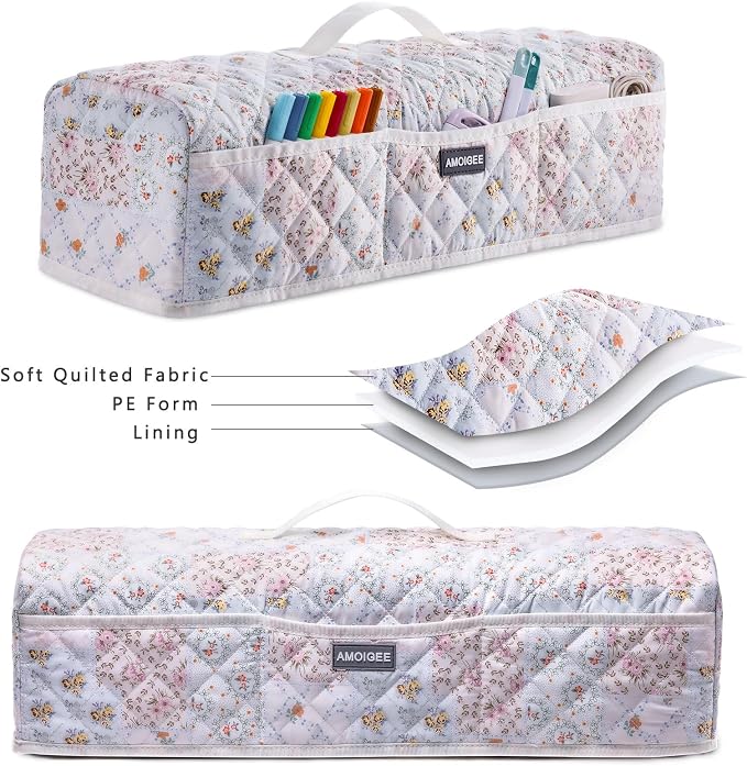 AMOIGEE Dust Cover for Cricuttt Maker 4 & Explore 4/3, Maker 3, Air 2, Quilted Protective Cover with Storage Pockets for Cutting Machine, Floral Fabric Anti-Dust Cover for Craft Machine Organizer