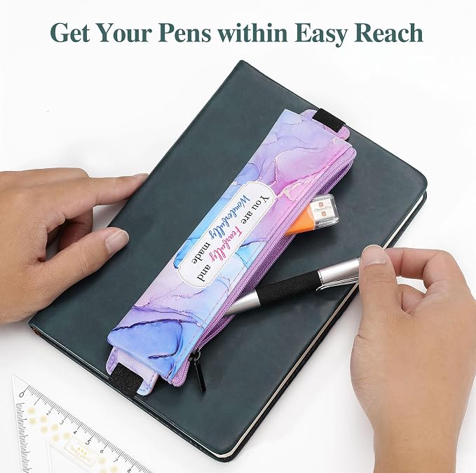 MoKo Elastic Pen Holder for Notebook, 4 Pack PU Leather Pouches, Marble