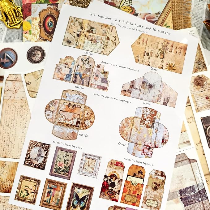 Vintage Junk Journal Kit with DIY Ephemera Storage and Accordion Pockets,11 Sheets Cardstock Pieces for Art Journaling, Scrapbooking and Mixed Media Crafts
