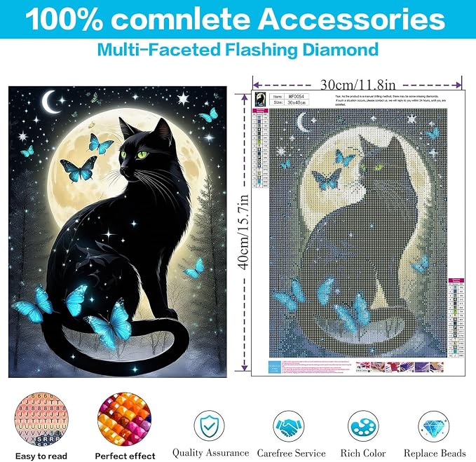 Square Drills Diamond Painting Kits, Black Cat Diamond Art Square 12x16in | Cats Diamond Painting Kit Square Drill, 5D Moon Cat Diamond Art Square Drills Kits for Aldults Home Decor Gifts