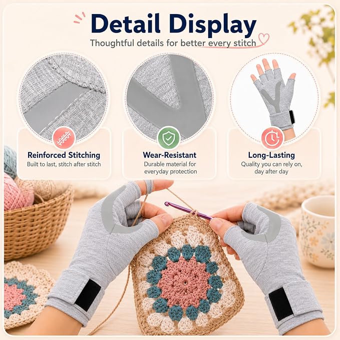 Coopay Crochet Gloves, Fingerless Compression Gloves with Anti-Slip Grip, M | Ergonomic Crochet Accessories for Hook Control, Knitting & Crafting, Left and Right Hand Design, 2 Pcs