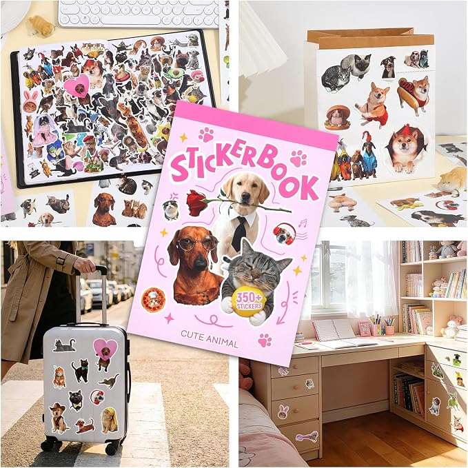350+ Funny Dog Cat Stickers, Cute Animal Sticker Book for Water Bottles Journaling Laptop Scrapbook Guitar Suitcase Phone Snowboard Planner, Waterproof Vinyl Gifts for Women Men Girl Kids Adult Teens