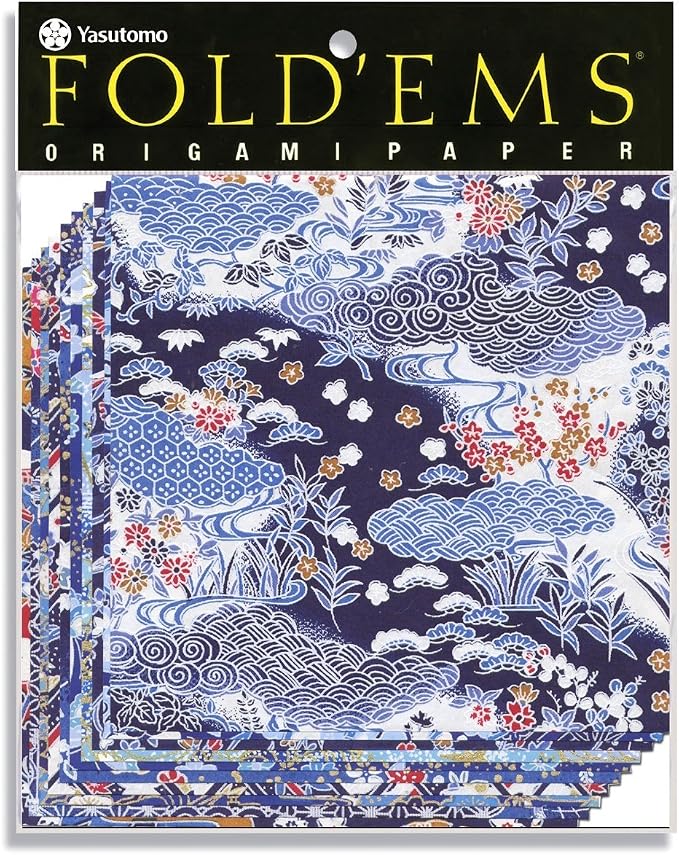 Yasutomo Fold'Ems Origami Paper, 5 7/8 X 5 7/8 inches, Yuzen Blue, 10 Sheets (4336)