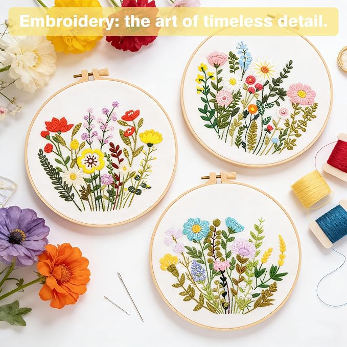 RidaaFri Embroidery Kit for Beginners, Set of 3 Flower Pattern Practice Kit | Adult DIY Hand Embroidery Cross Set with Step-by-Step Guide Video Tutorial Hoop Needles Floss, Complete Sewing Craft Supplies