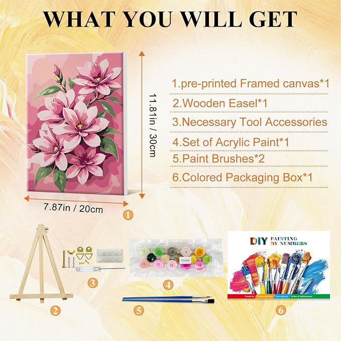 SparkGlow Flowers Paint by Numbers Kit for Adults with Frame, 8×12 Inch | Include Easel, Suitable for Beginners, Premium Canvas, Number Painting for Gift, Home Decoration, Relax and Fun