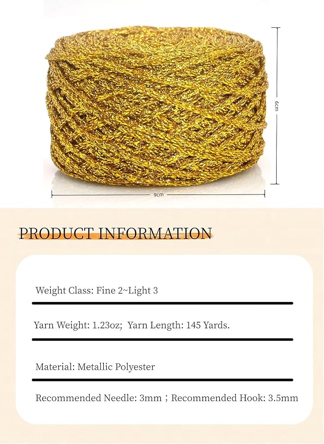 Metallic Glitter Yarn for Crochet & Knitting, Fine 2 Light Weight Worsted for Crochet Knitting, 35g 1.23oz, 145 Yards Soft Craft Sparkle Yarn (Champagne)