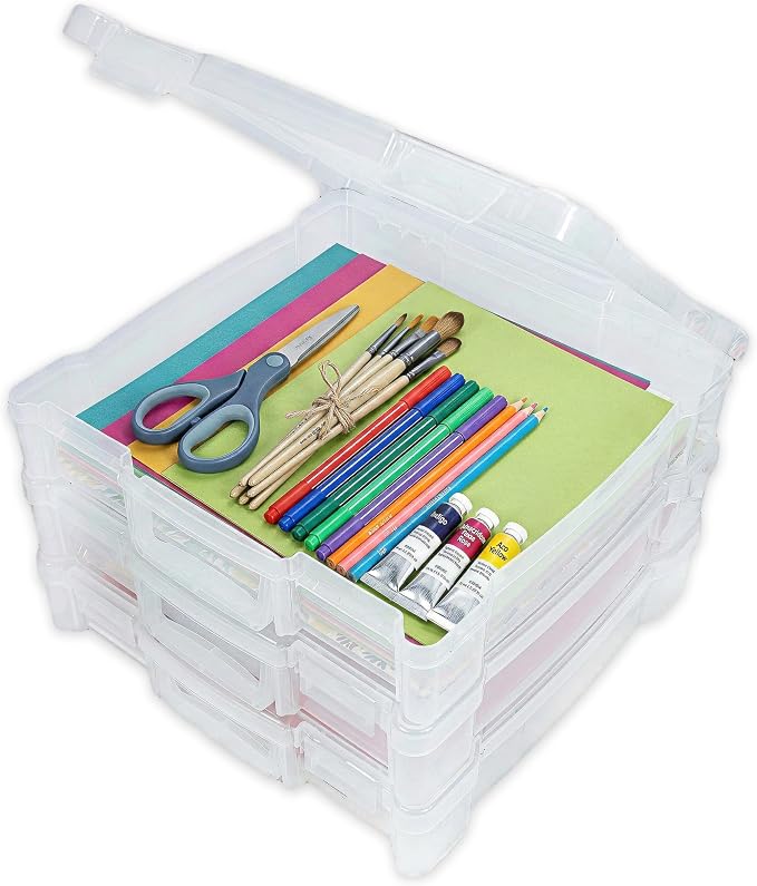 ArtBin 6913ZZ 12" x 12" Portable Art & Craft Organizer with Handle 3-Pack, [3] Plastic Storage Cases, Clear
