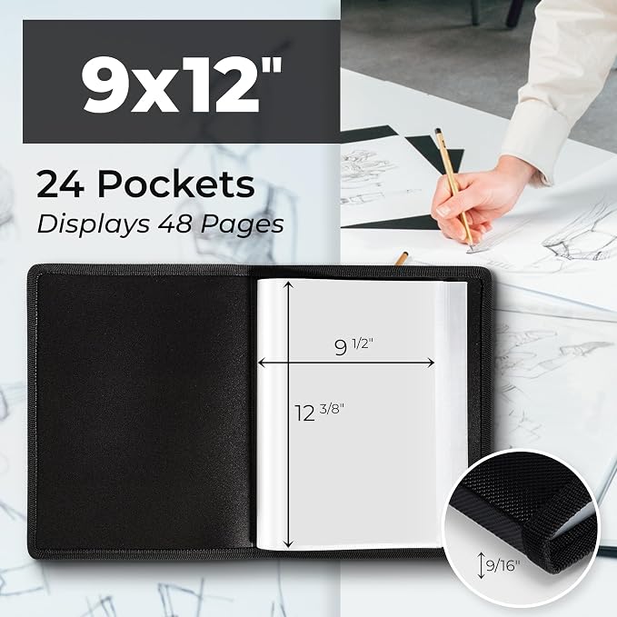 Dunwell 9x12 Art Portfolio Binder, 24 Pockets, 3-Pack, Black