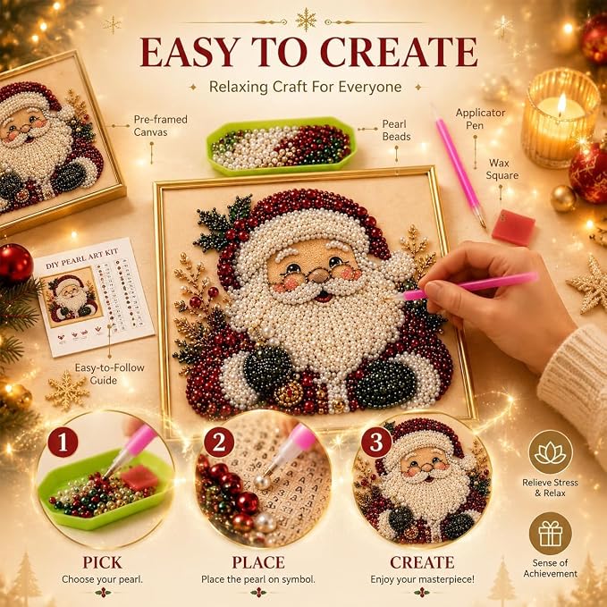 DIY Christmas Pearl Diamond Art Painting Art Kit with Frame, Cute 3D Christmas Pearl Beads Art Craft for Adults Beginner, Holiday Christmas Wall Decor, Healing Stress-Relieving