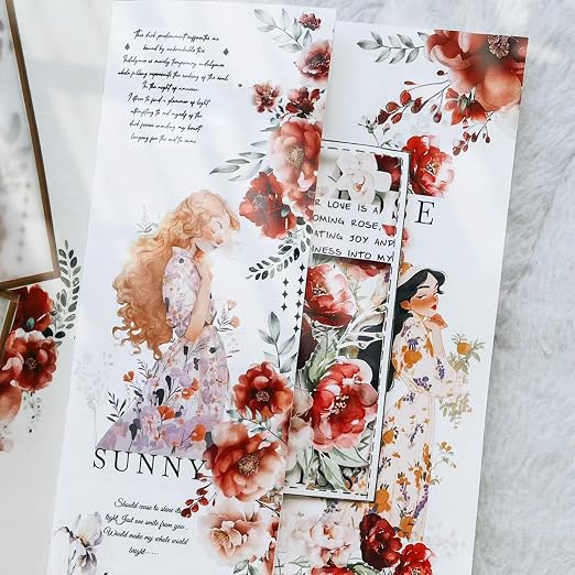 Floral PET Washi Tape Set - 6 Roll Wide PET Tape for Scrapbook Supplies,Character Decorative Girls Sticker,Flower Stickers, Bullet Journals Materials,Planner Arts Craft Collage