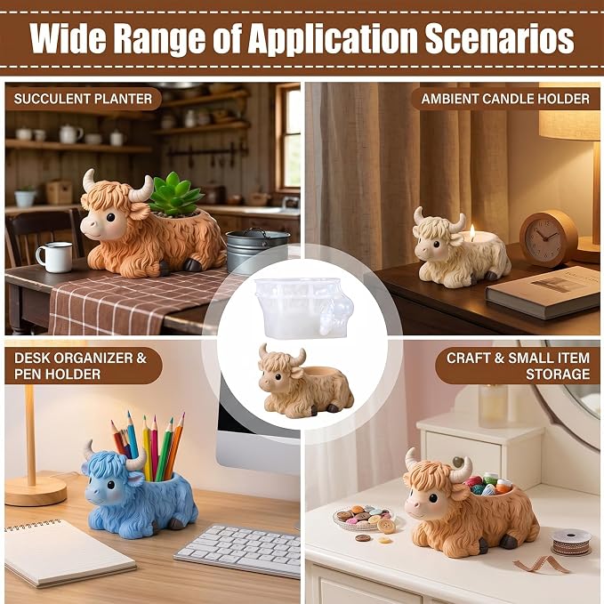 1Pcs Highland Cow Flower Pot Silicone Mold 3D Cow Shape Resin Epoxy Casting Mold for DIY Home Decor Candle Holder Pen Holder Storage Box Plaster Craft Making