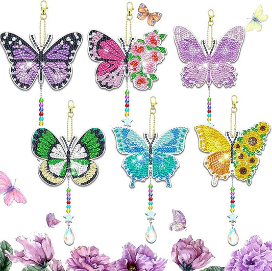 6 Pcs Butterfly Diamonds Paintings Kits Suncatcher Double Sided Rhinestone Painting Wind Chimes 5D DIY Diamond Painting Kits Paint by Number Crystal Hanging Ornaments Mom Gifts