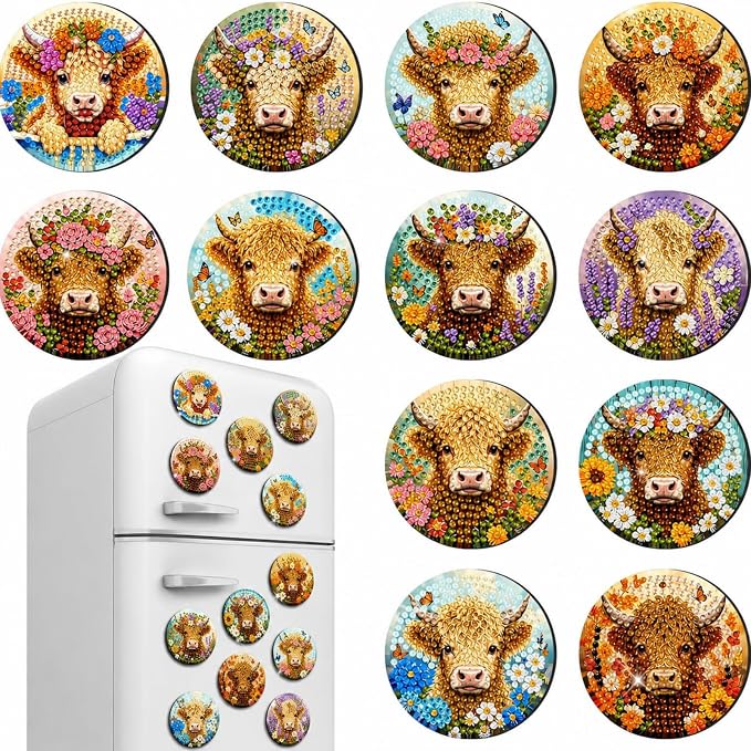 Zonon 12 Pcs Highland Cow Diamond Art Magnets, Diamond Painting | Easy DIY Kits for Adults, Magnetic Animal Stickers for Fridge, Stress Relief Craft Activity, Home Decoration Accessories