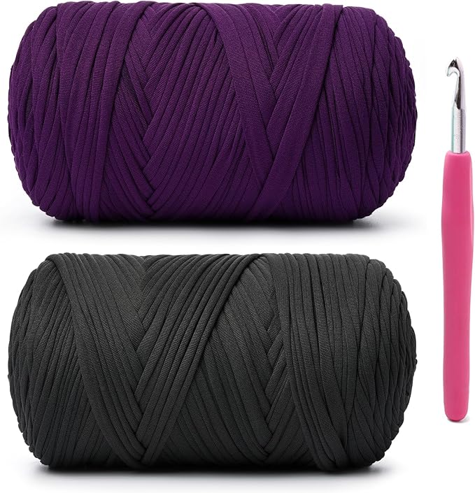2 Pack Soft Tshirt Crochet Yarn, 800g/228yds High Elastic Hand Knitting Yarns, Thick T Shirt Yarn for Crocheting Bags, Baskets, Cushions, DIY Crafts(Violet + Carbon Black
