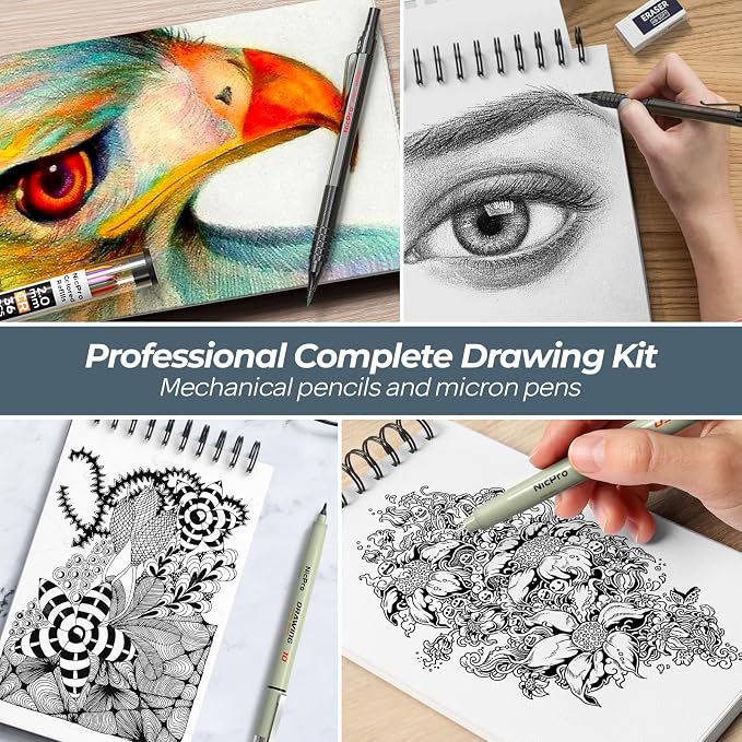 Nicpro 58PCS Art Drawing Supplies Kit in Leather Case,Pro Art Kit for Adult | Sketch Kit with 12 Micron Pen, 6 Metal Art Mechanical Pencil Set 0.5-2mm, 100 Sheets Sketch Book, Best Gift for Artist Teen