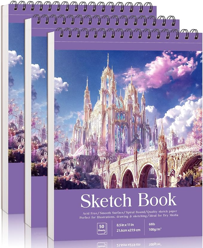 Prudiut Sketch Book 3 Pack, 8.5 × 11 in, Spiral Bound, Violet | 50 Sheets Each, 68 Lb Acid-Free Paper, Perforated Pages, Backboard Support, for Pencil, Charcoal, Pastel