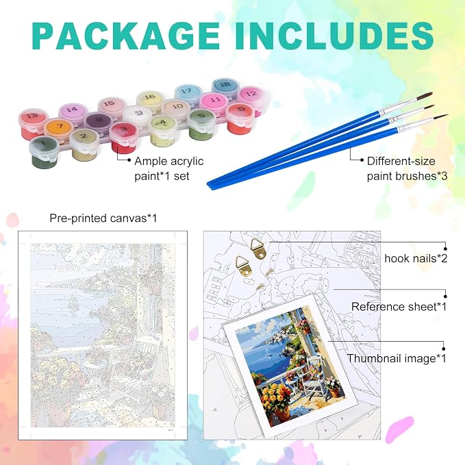 Paint by Numbers Kit for Adults, Coastal Balcony Painting, 16 x 20 Inch | DIY Adult Paint by Number Kit on Canvas for Beginners, without Frame, Seaside Landscape Wall Decor, Stress Relief Craft Gift