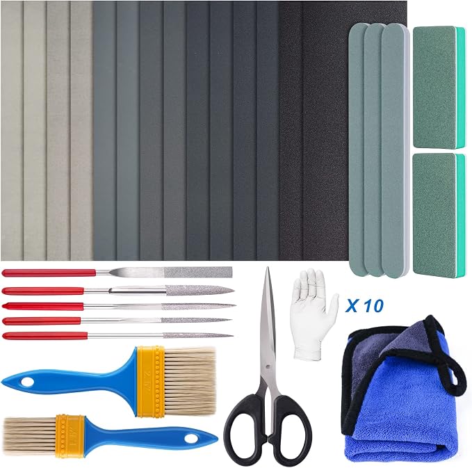LET'S RESIN Resin Polishing Kit, 33-Piece Sanding and Finishing Tools | Includes Sandpaper, Resin Files, Polishing Strips and Blocks, Scissors, Brush and Cloth for Finishing Resin Jewelry
