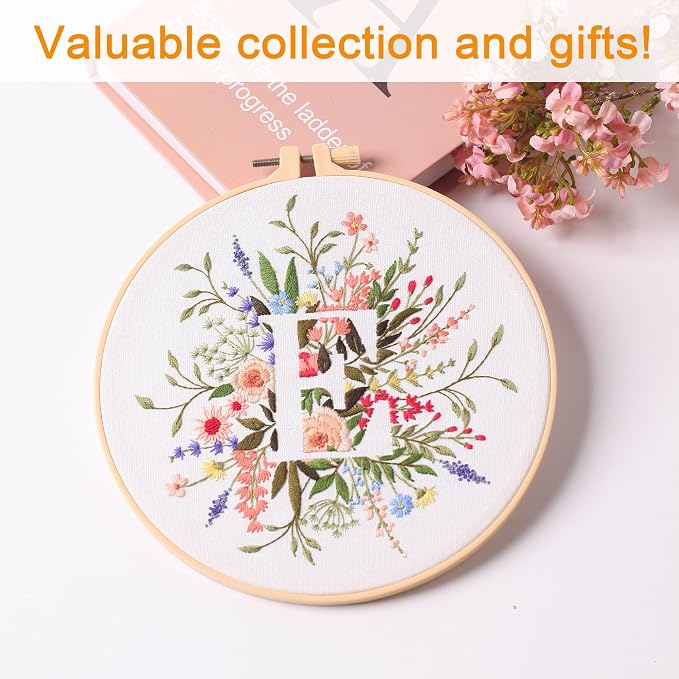 Harimau Letter E Pattern Embroidery Kit for Adult Beginners, Complete Starter Pack with 1 Hoop, Needles, Instruction Guide & Embroidery Stitch Video Tutorials