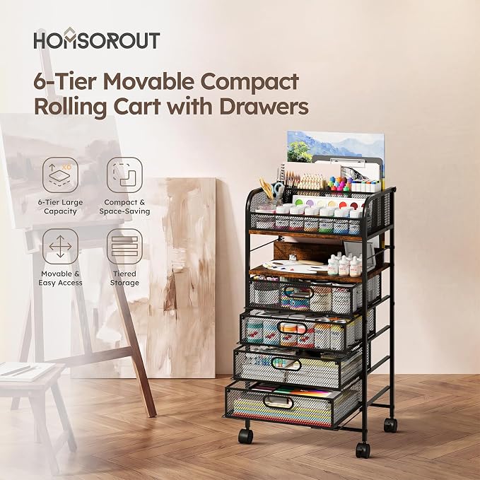 Homsorout Rolling Art Cart with 4 Drawers, Rustic