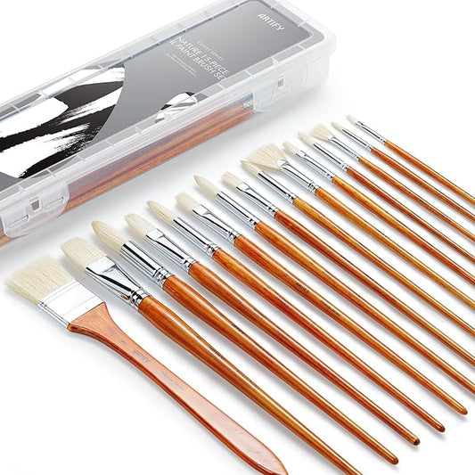 ARTIFY 15-Piece Professional Oil Paint Brush Set - Natural Hog Bristle, No-Shedding, Handcrafted by Masters for Oil/Acrylic/Gouache/Watercolor Painting (Includes Carrying Case)