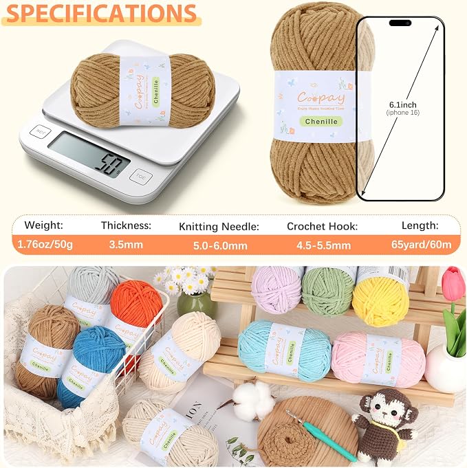 Coopay Chenille Yarn for Crochet, Medium Weight Yarn CYC #4, Brown | Crochet Yarn Set - 400g Total, Soft Velvet Yarn for Colorful Crafts, Blankets, Plush Dolls, Decorative Handmade Works