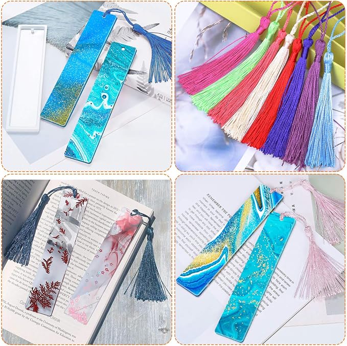 Caffox Bookmark Mold Kit with 100pcs Tassels and 10pcs Silicone Molds for Epoxy Resin Casting