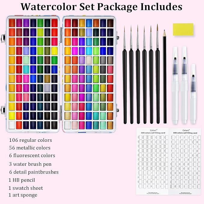 Caliart 168 Colors Watercolor Paint Set, Portable Art Supplies Palette Kit | Water Color Paints with Detail Paintbrush, Art Coloring Painting Gifts for Adults Professionals Beginners Artists