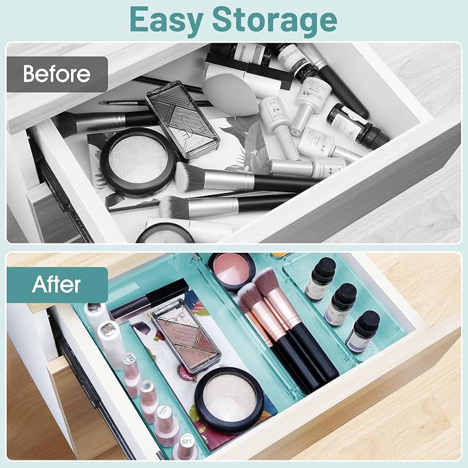 25 PCS Clear Plastic Drawer Organizer, Makeup Organizers and Storage Bins | 4 Sizes Desk Drawer Divider Organizers and Storage Bins for Jewelry, Gadgets for Kitchen, Bedroom, Bathroom, Office,Sea Blue