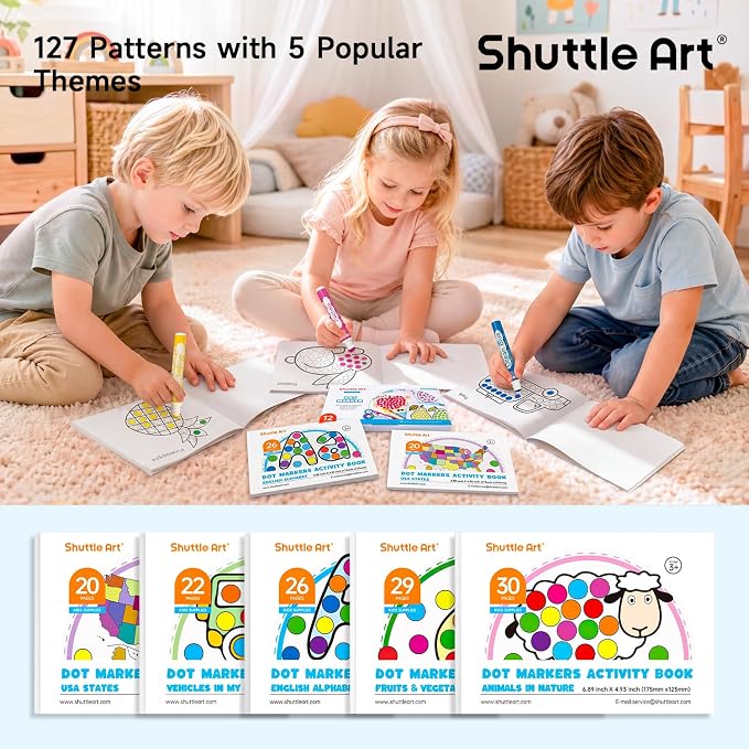 Shuttle Art Dot Markers, 60 Pack 12 Colors Washable Dot Markers with 135 Activity Sheets, 5 Activity Books, Fun Art Supplies for Kids Toddlers and Preschoolers, Non Toxic Water-Based Paint Daubers