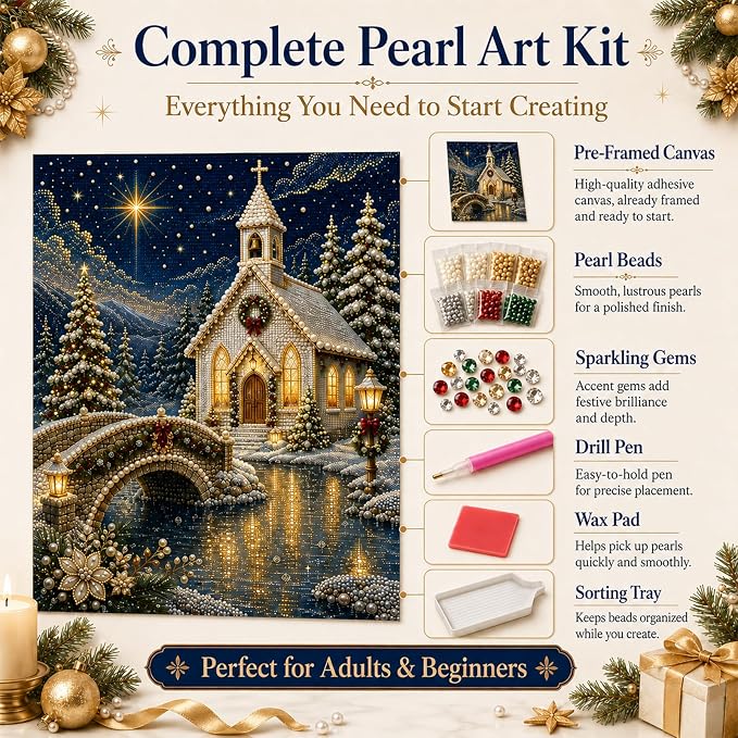 DIY Christmas Pearl Diamond Painting Kit, 5D Pearl Art Craft for Adults and Beginners, Christmas Church and Jesus Wall Decor, Holiday Gifts, 12 x 16 Inch (Church Design E)