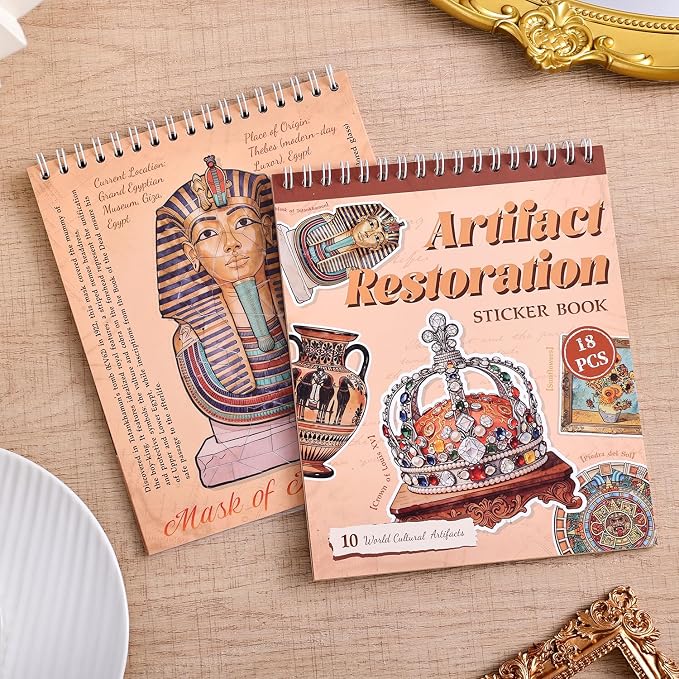 10 World Cultural Antiquities Puzzle Sticker Book, Artifact Restoration Theme Vintage Egypt Crown Mask Pattern, Leisure Relaxation Entertainment Stickers Book for Women Men Adults Teens Antique Lover