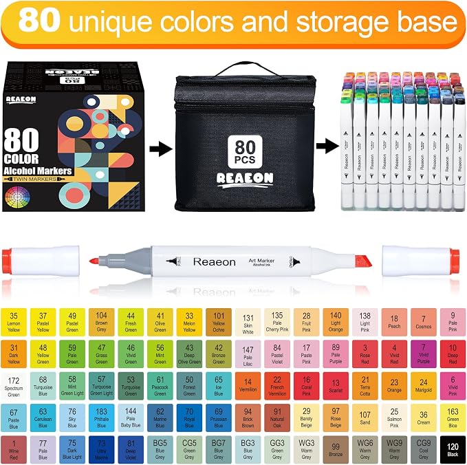 Reaeon Alcohol Art Markers, 80 Colors Fine & Chisel Dual Tip Marker Set, Permanent Art Markers for Adults Sketching Painting Drawing and Coloring(White Barrel)