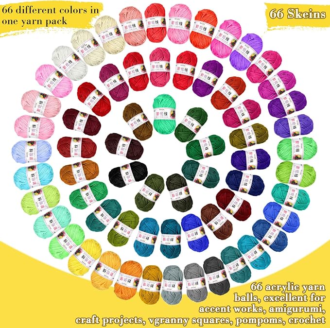 66 Rolls Acrylic Yarn Assorted Colors for Knitting and Crochet | Mini yarn skeins bulk set, soft acrylic fiber, vibrant multicolor, ideal for small crochet projects and beginner knitting