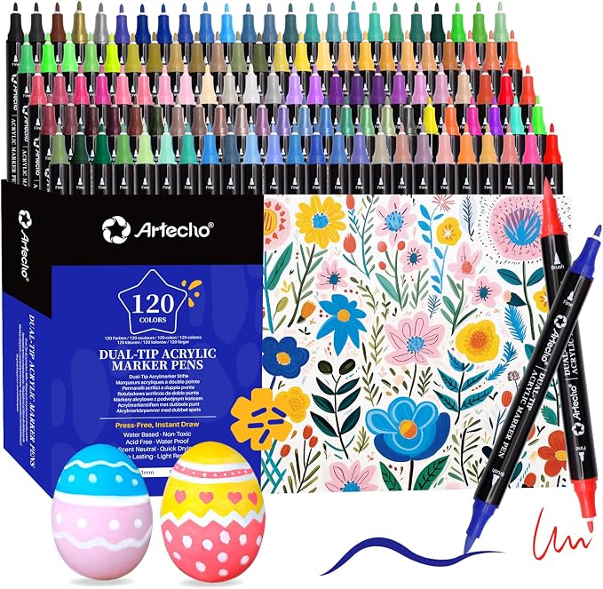 Artecho Acrylic Paint Markers 120 Colors with Brush Tip and Fine Tip