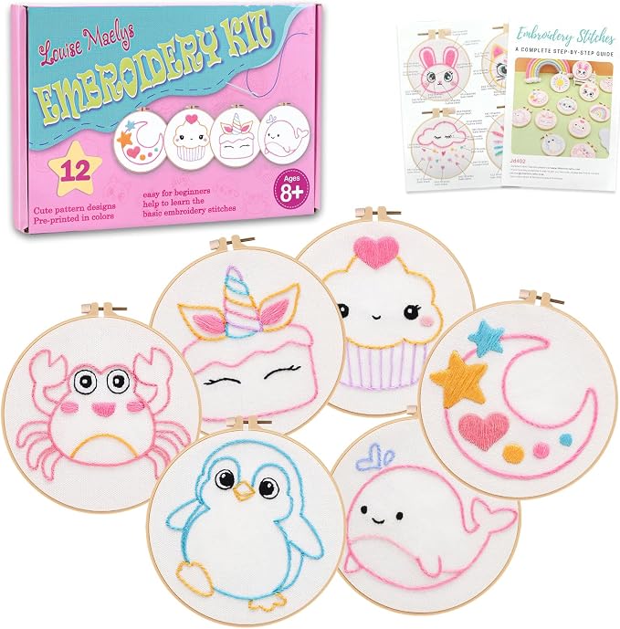 Louise Maelys Embroidery Kit for Beginners, 12 Packs Pre-Printed DIY Sewing Craft Kit,Kids Girls Cross Stitch Kit with Hoop, Threads, Needles and Scissors, Cute Animal & Cartoon Patterns, Ages 8+