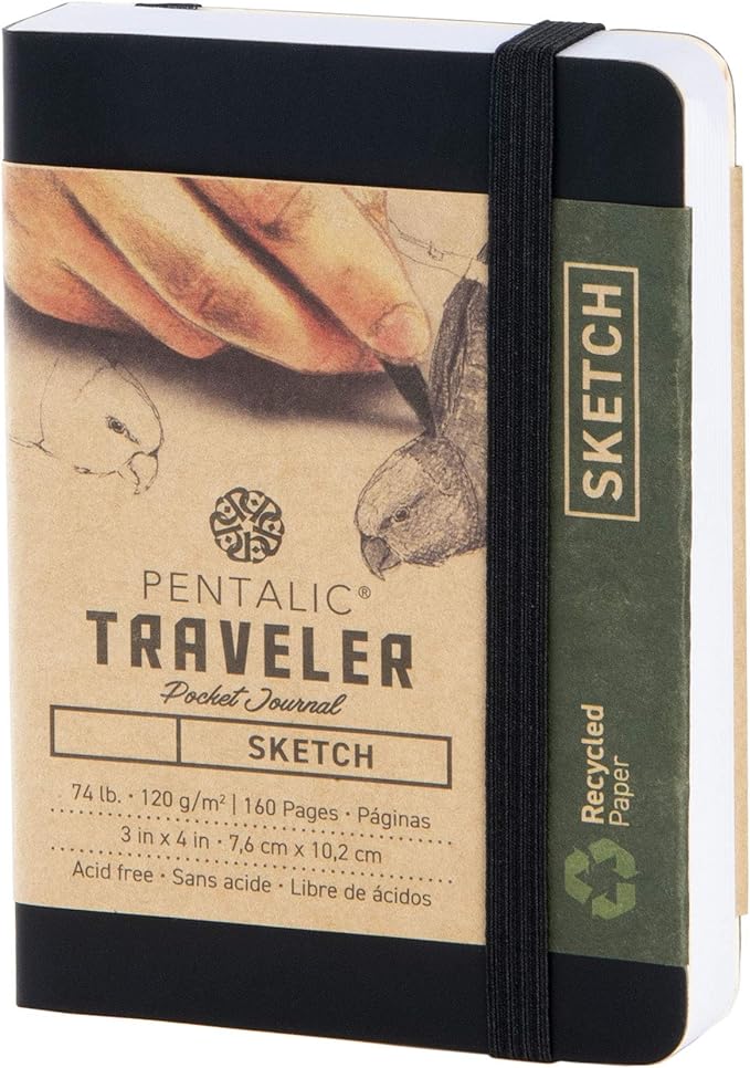 Pentalic 3" x 4" Pocket Sketchbook Traveler Journal, 160 Pages, Black