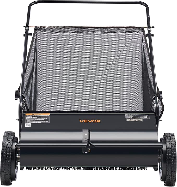 VEVOR Push Lawn Sweeper 26 Inch Leaf & Grass Collector Strong Rubber Wheels