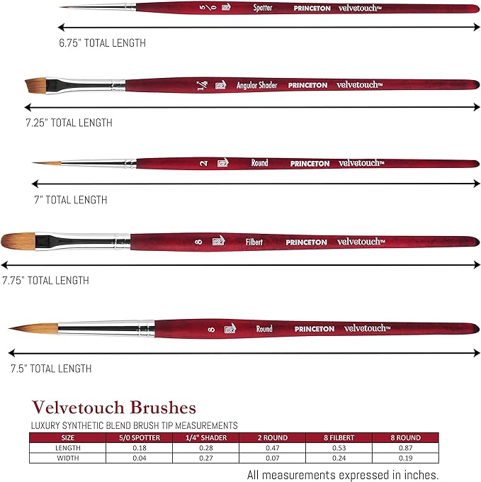 Princeton Velvetouch Series 3950 - 5pc Professional Paint Brushes for Acrylic Painting - Oil, Watercolor & Acrylic Paint Brushes Set - Spotter 5/0, Angle Shader ¼”, Round 8, Filbert 8, Round 2 | 4pc Watercolor Brushes Professional Soft Synthetic Squirr...