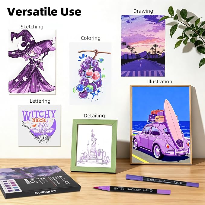 LIULIUCAI 10 Purple Dual Marker, Fine & Brush Tip Pen for Adult Coloring