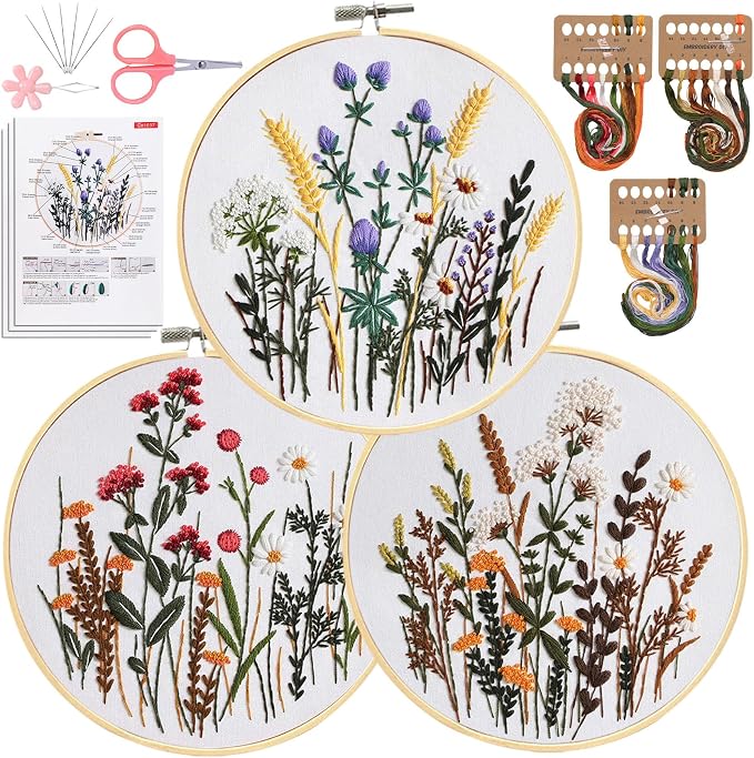 Santune 3 Pack Embroidery Kit for Beginners, Needlepoint Cross Stitch Kits for Adults,Needle Point Sets with Stamped Wild Flower Pattern Stitch Video Tutorial