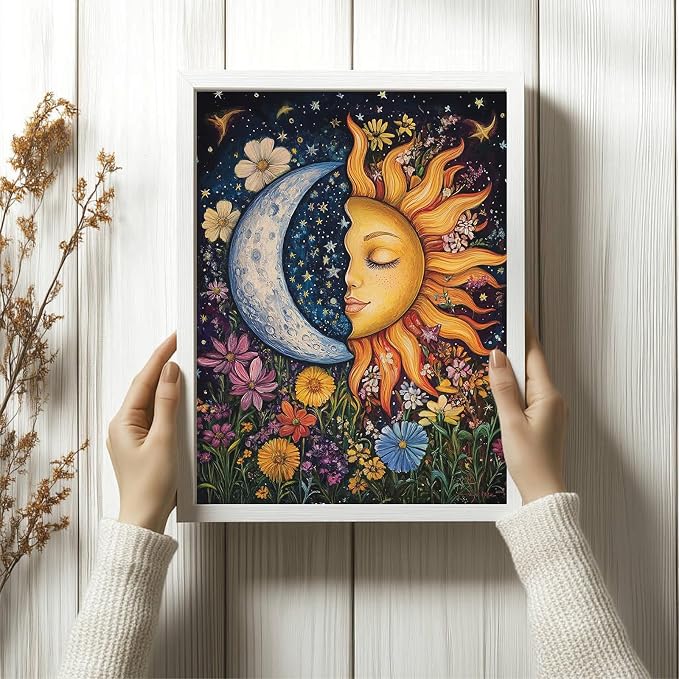 Sun&Moon Diamond Art Kits for Adults,Flowers Diamond Painting Wall Decor