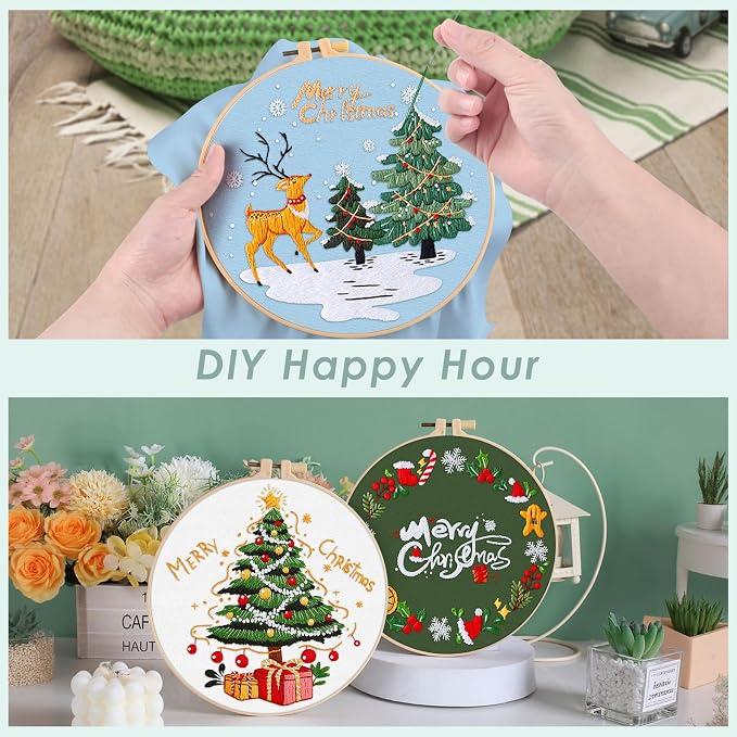 ERKOON 5 Sets Embroidery Kit for Beginners, Christmas Cross Stitch Set with Easy Pattern Embroidery Cloth Hoops Threads for Craft Lover Hand Stitch