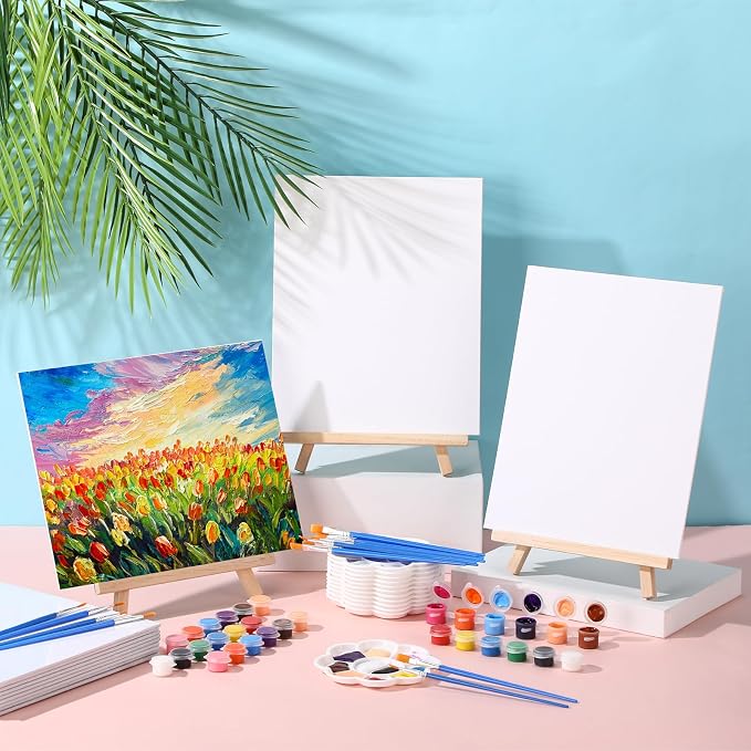 Qilery 12 Set Canvas Painting Kit, Mini Canvas with Wooden Easels Acrylic Paints Strips, Brushes, Palette, Art Set for Acrylic Oil Watercolor Adults Birthday Party Favors(8 x 10 Inch)