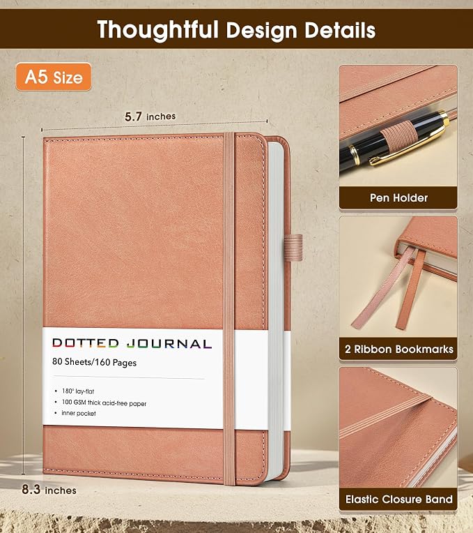Dotted Journal Notebook, A5 Leather Hardcover, 160 Pages, 180° Lay-Flat Binding, 100 GSM Thick Paper, Dot Grid for Bullet Journaling, Planning & Daily Organization (Pink)